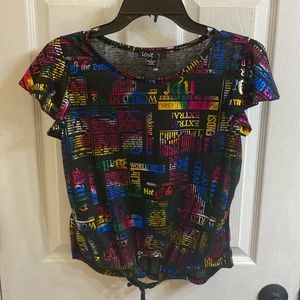 Iradecent Newspaper Print Tie Front Ruffle Cap Sleeve Top